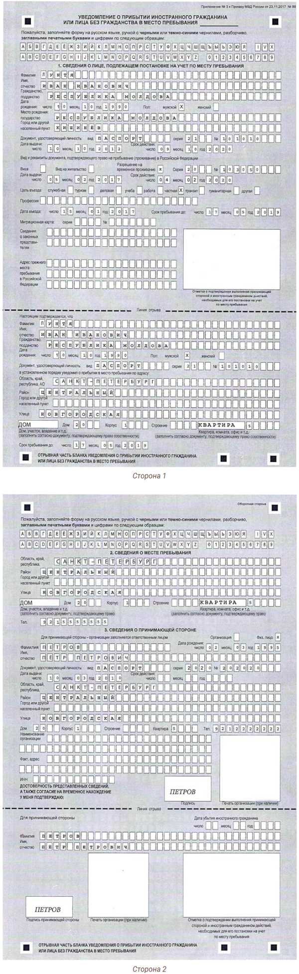 Образец регистрация иностранного гражданина по месту пребывания
